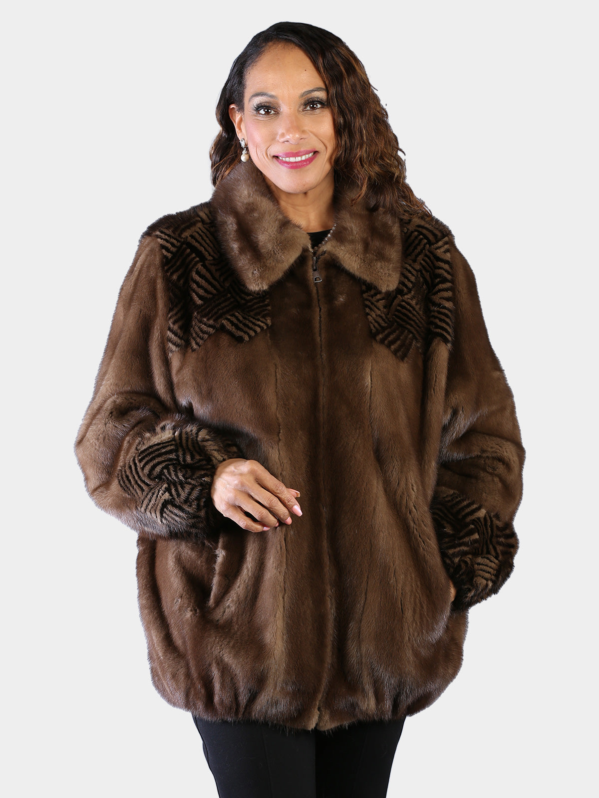 Woman's Plus Size Natural Lunaraine Mink Fur Jacket with Mahogany Design