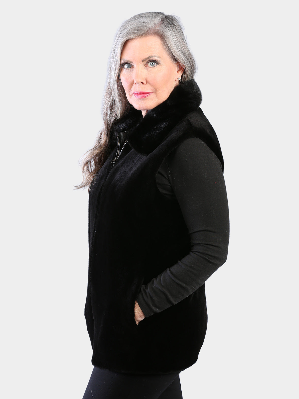 Woman's Dyed Black Sheared Mink Fur Vest Reversing to Leather