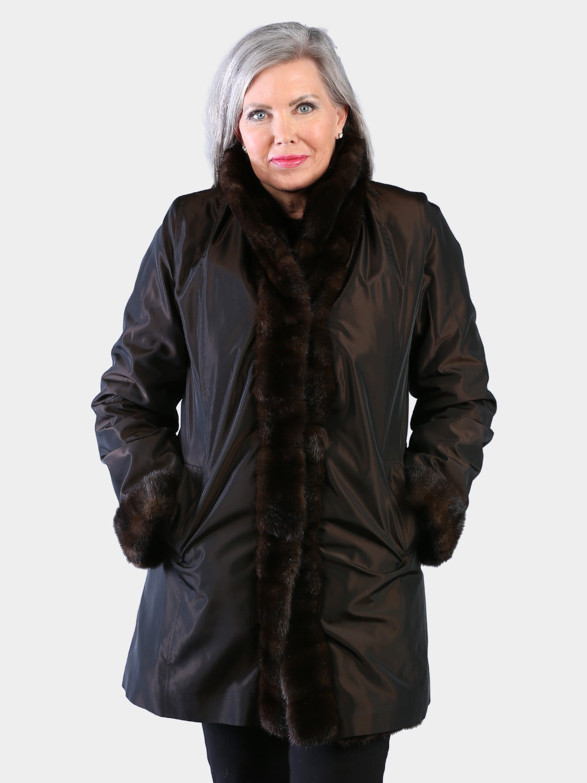 Woman's Natural Mahogany Female Mink Fur Stroller Reversing to Bronze Rain Taffeta