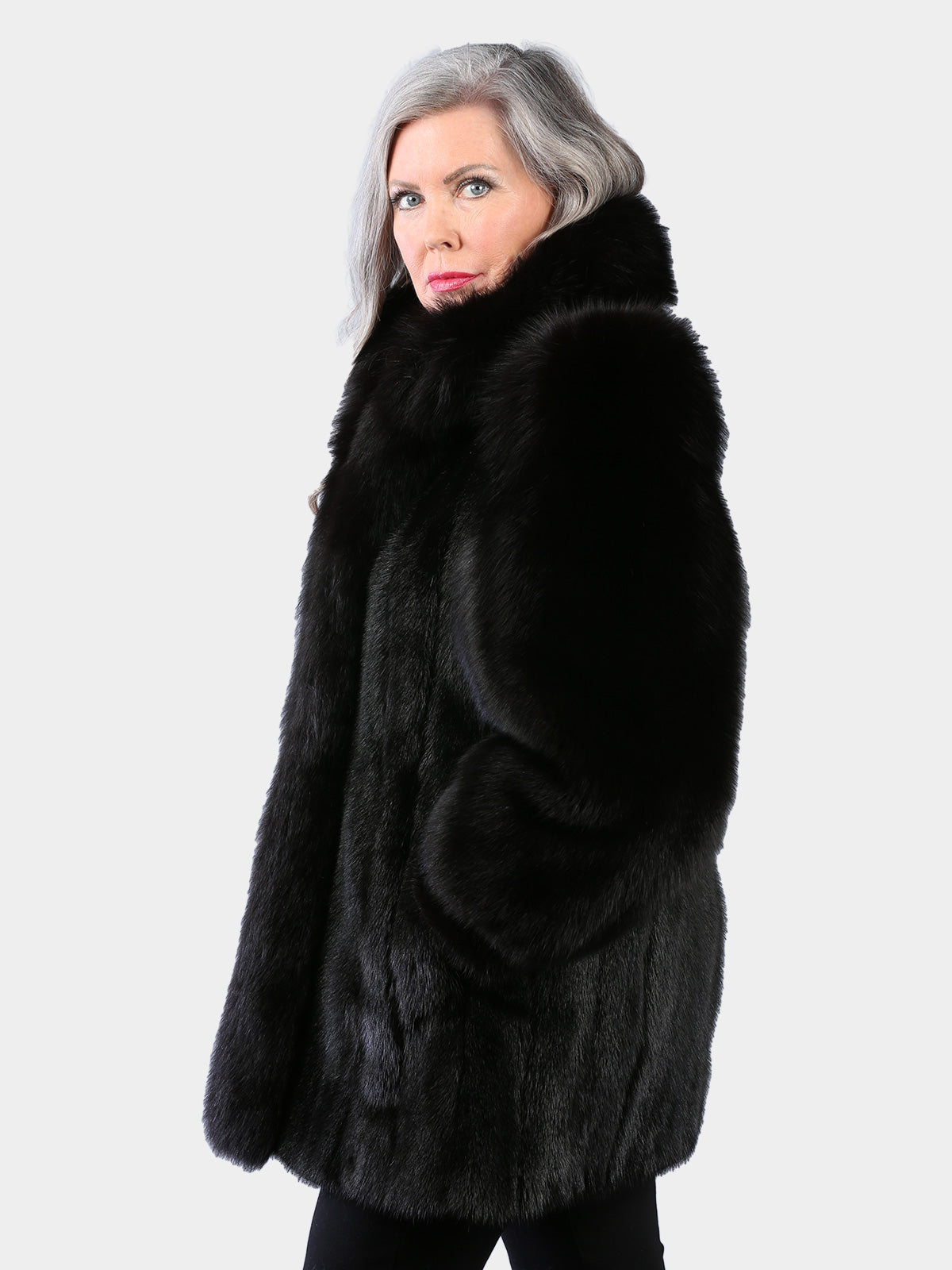 Woman's Natural Ranch Mink Fur Jacket with Black Fox Sleeves and Tuxedo Front
