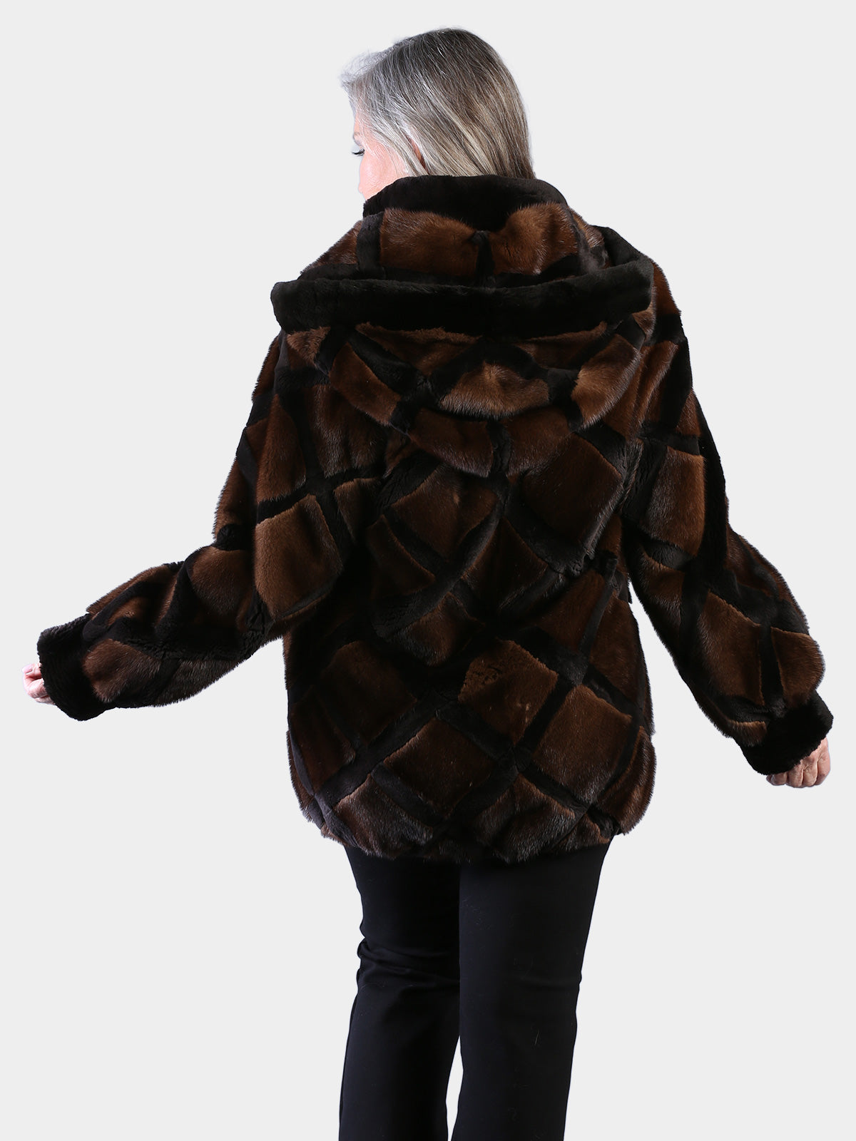 Woman's Natural Mahogany Mink Fur Jacket with Black Sheared Beaver Trim with Detachable Hood