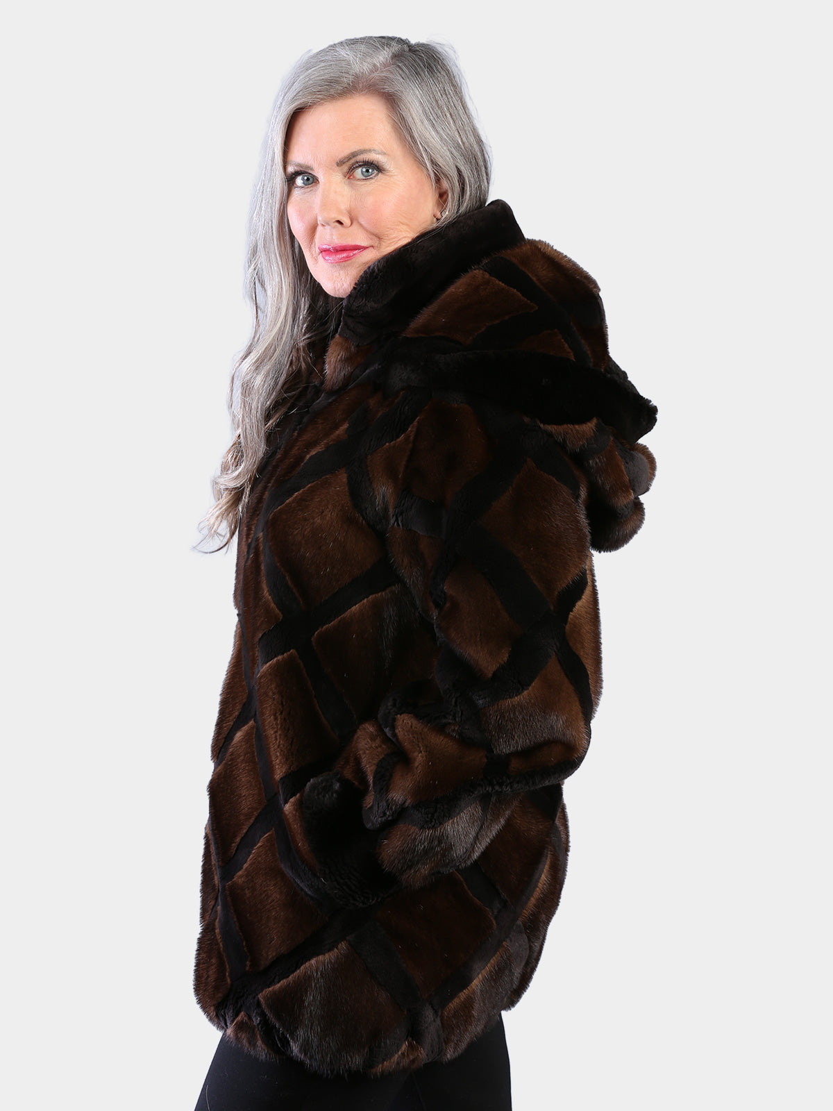 Woman's Natural Mahogany Mink Fur Jacket with Black Sheared Beaver Trim with Detachable Hood