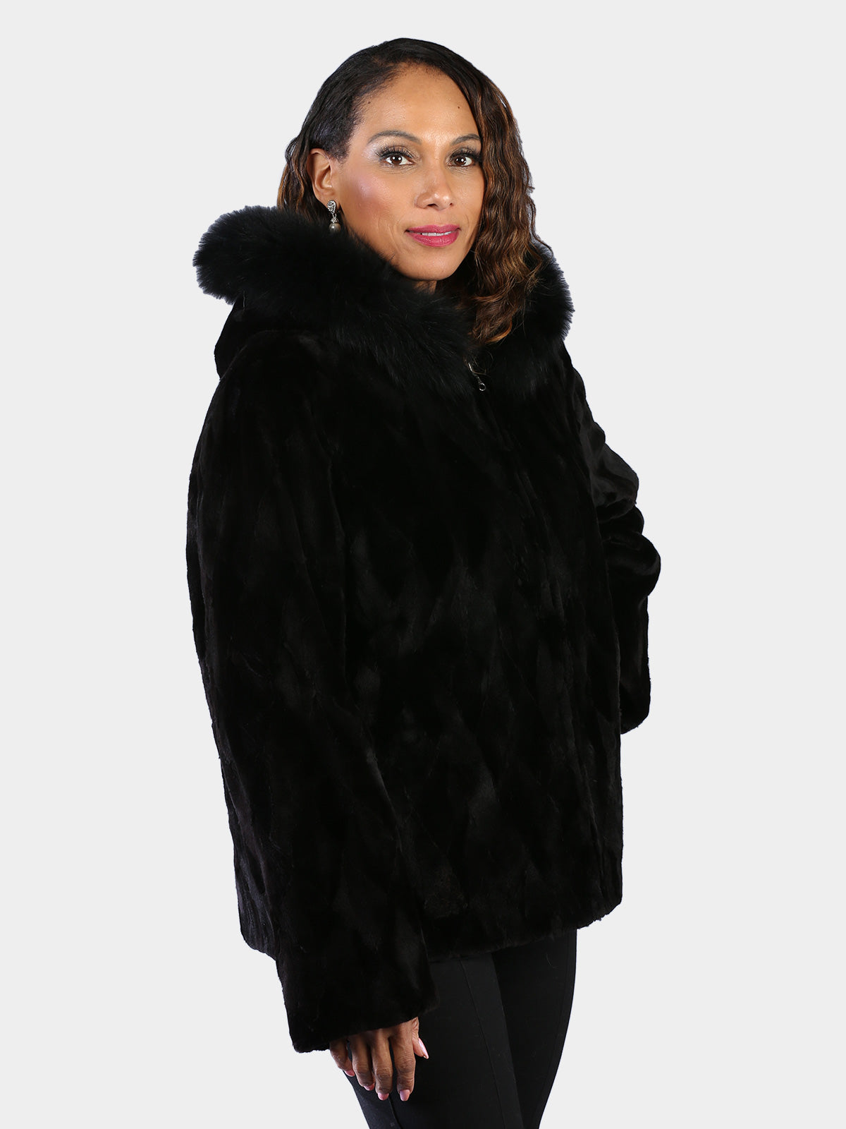 Woman's Plus Size Dyed Black Sheared Sculptured Mink Fur Parka Reversible to Rain Taffeta