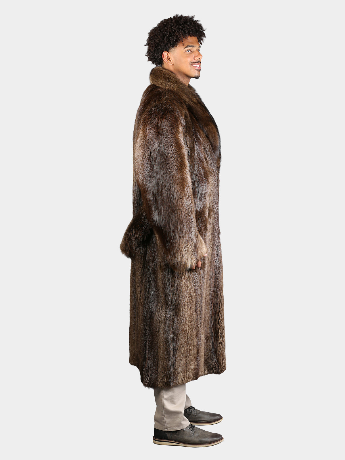 Man's Natural Medium Tone Long Hair Beaver Fur Coat with Stone Martin Collar