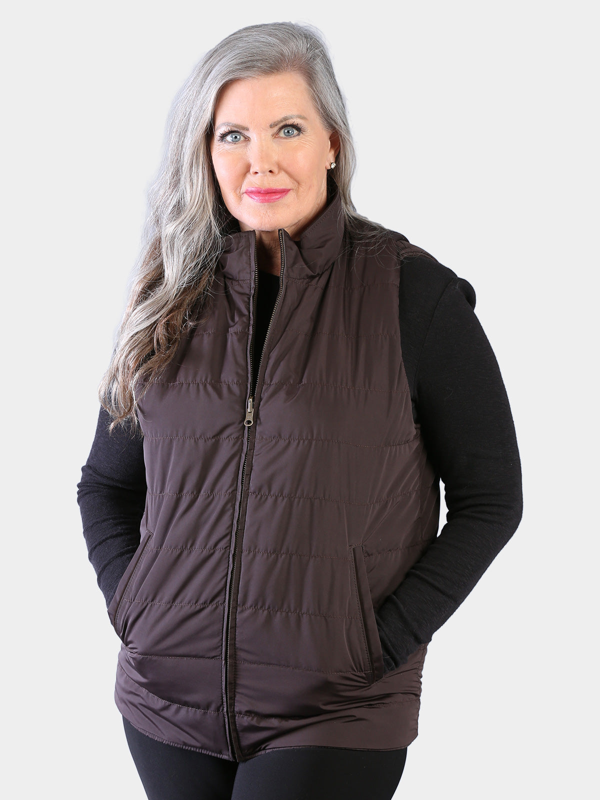 Woman's Brown Suede Quilted Leather Vest Reversible to Brown Rain Taffeta