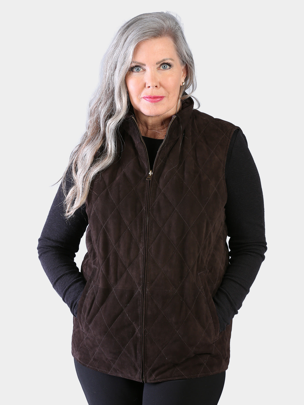 Woman's Brown Suede Quilted Leather Vest Reversible to Brown Rain Taffeta