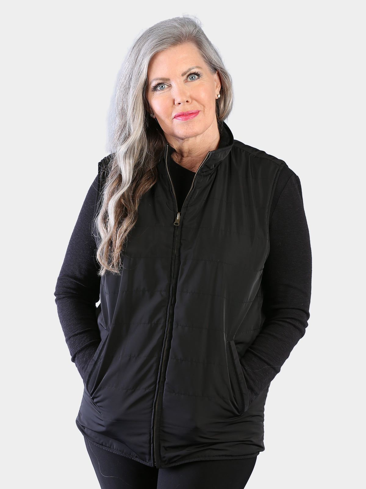 Woman's Black Suede Quilted Leather Vest Reversible to Black Rain Taffeta