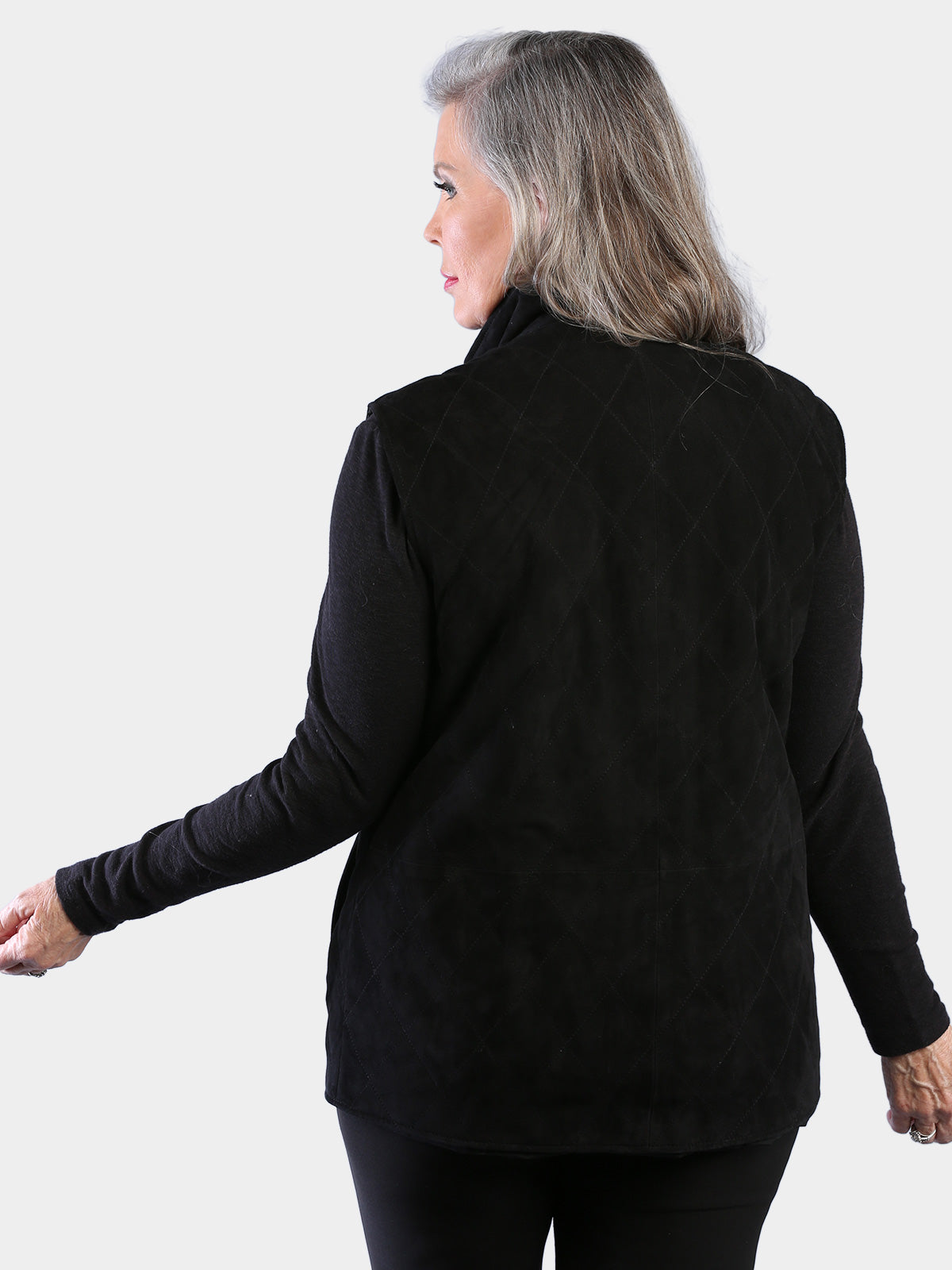 Woman's Black Suede Quilted Leather Vest Reversible to Black Rain Taffeta
