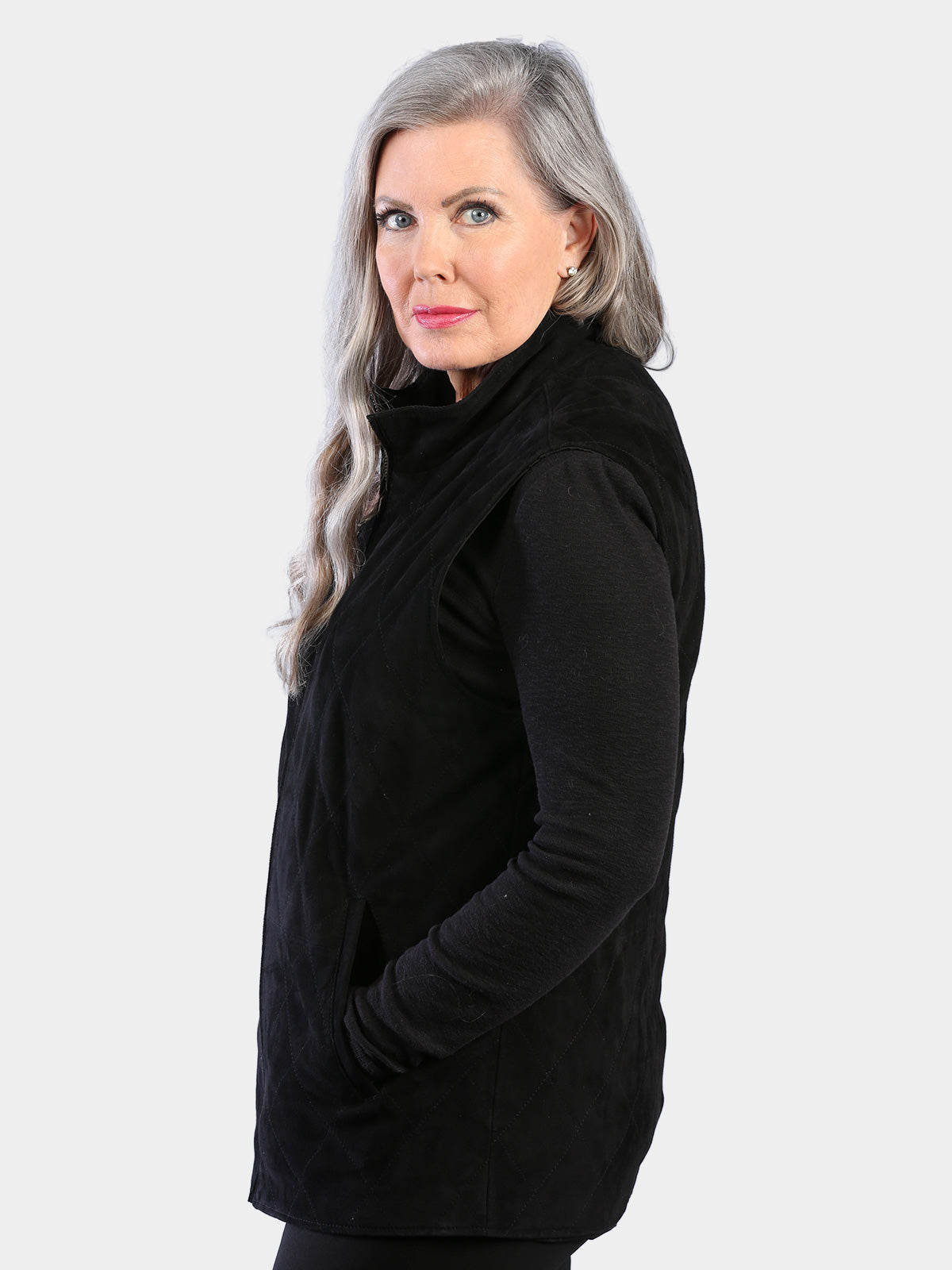 Woman's Black Suede Quilted Leather Vest Reversible to Black Rain Taffeta