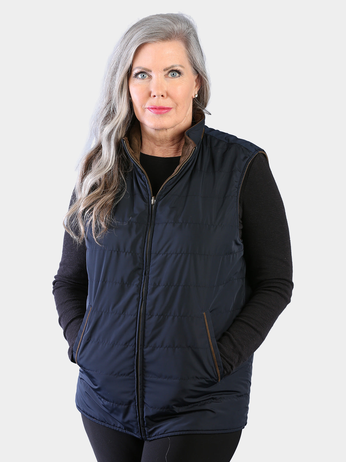 Woman's Tobacco Suede Quilted Leather Vest Reversible to Navy Rain Taffeta