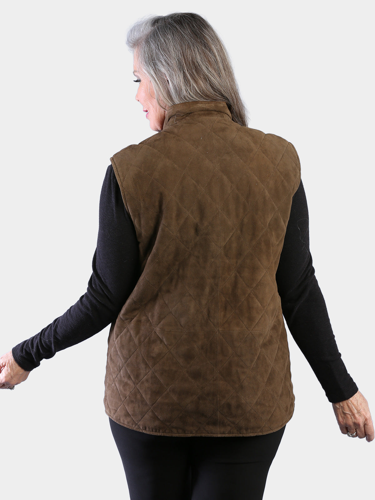 Woman's Tobacco Suede Quilted Leather Vest Reversible to Navy Rain Taffeta
