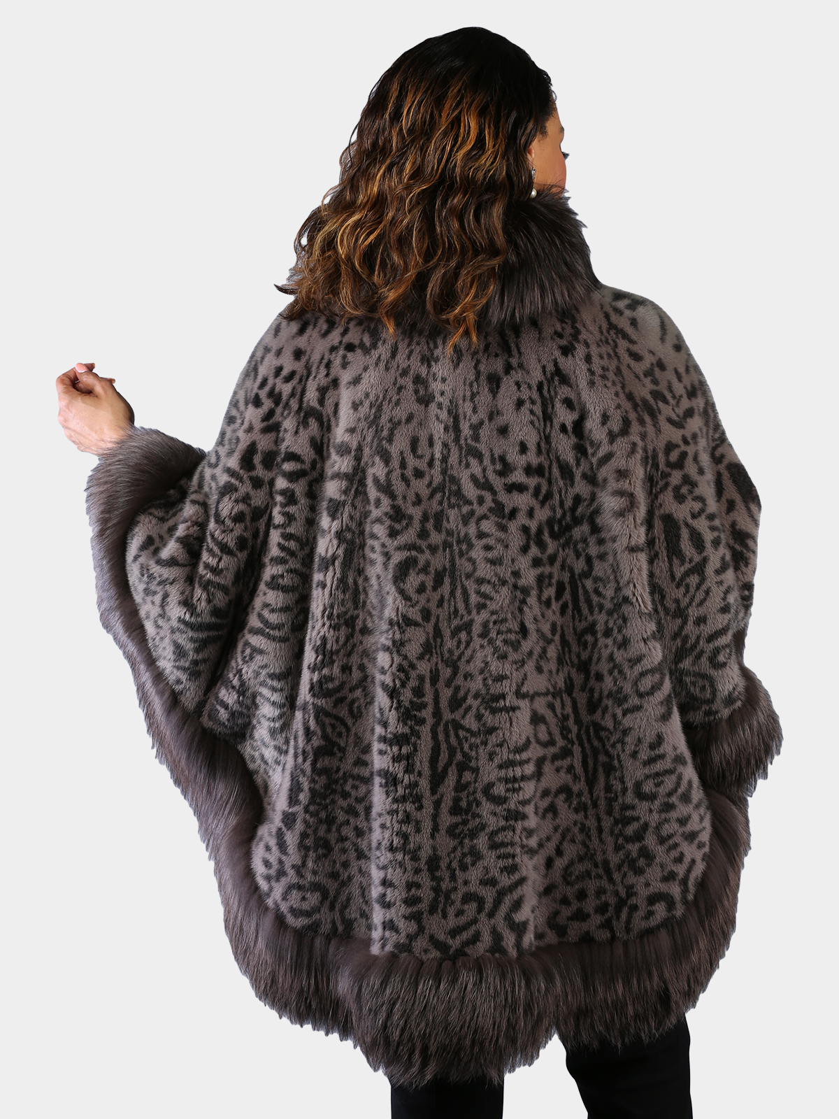 Woman's Plus Size Grey / Black Animal Print Stenciled Mink Fur Cape with Silver Fox Trim and Leather Belt