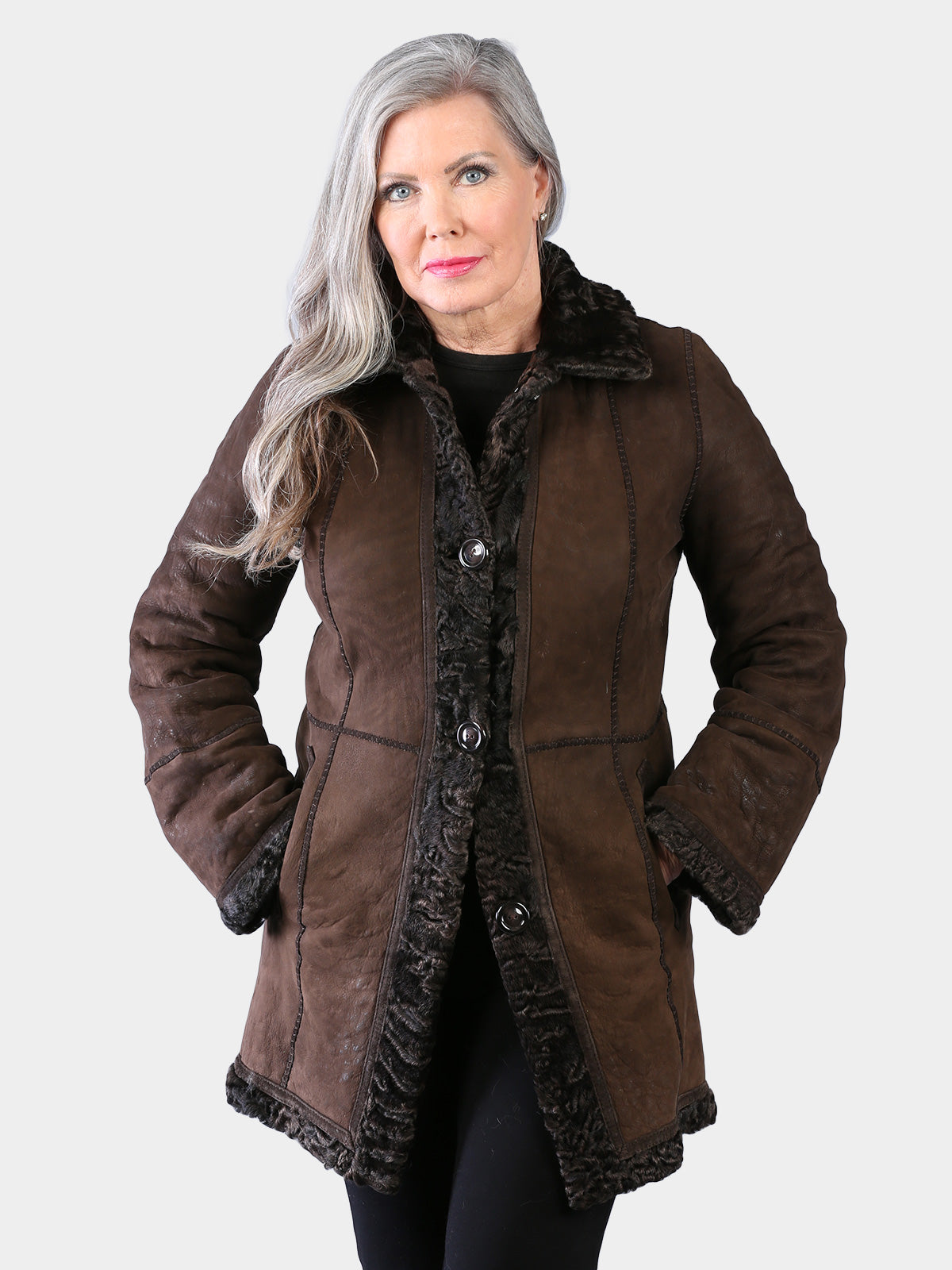 Woman's Dyed Brown Swakara Lamb Fur Jacket (Reversible)