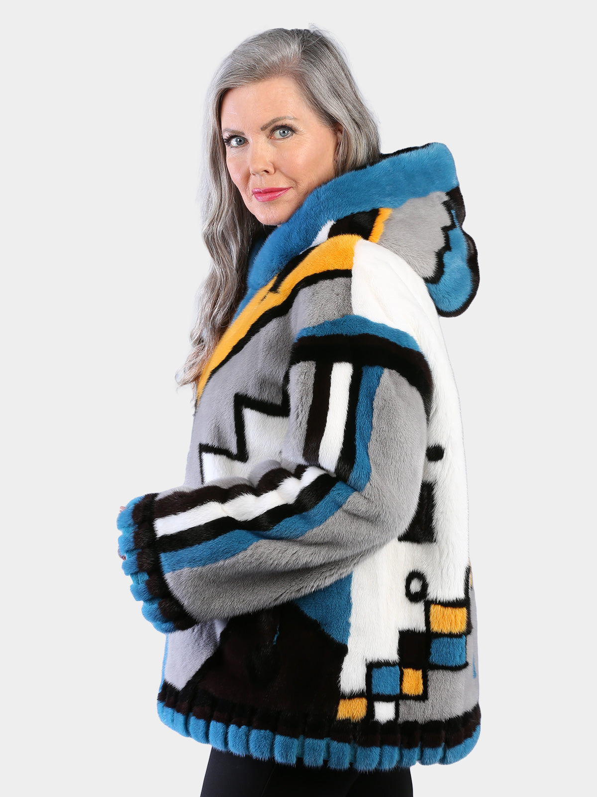 Woman's Dyed Female Mink Fur Parka with Multi Colored Abstract Design
