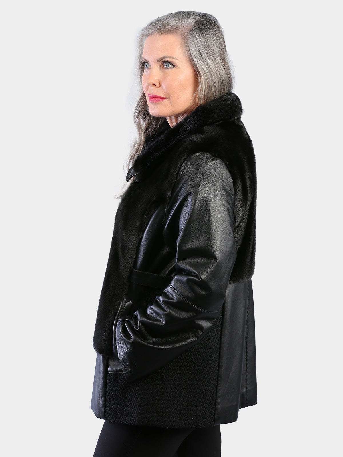 Woman's Natural Ranch Mink Fur Jacket with Leather Sleeves and Sides