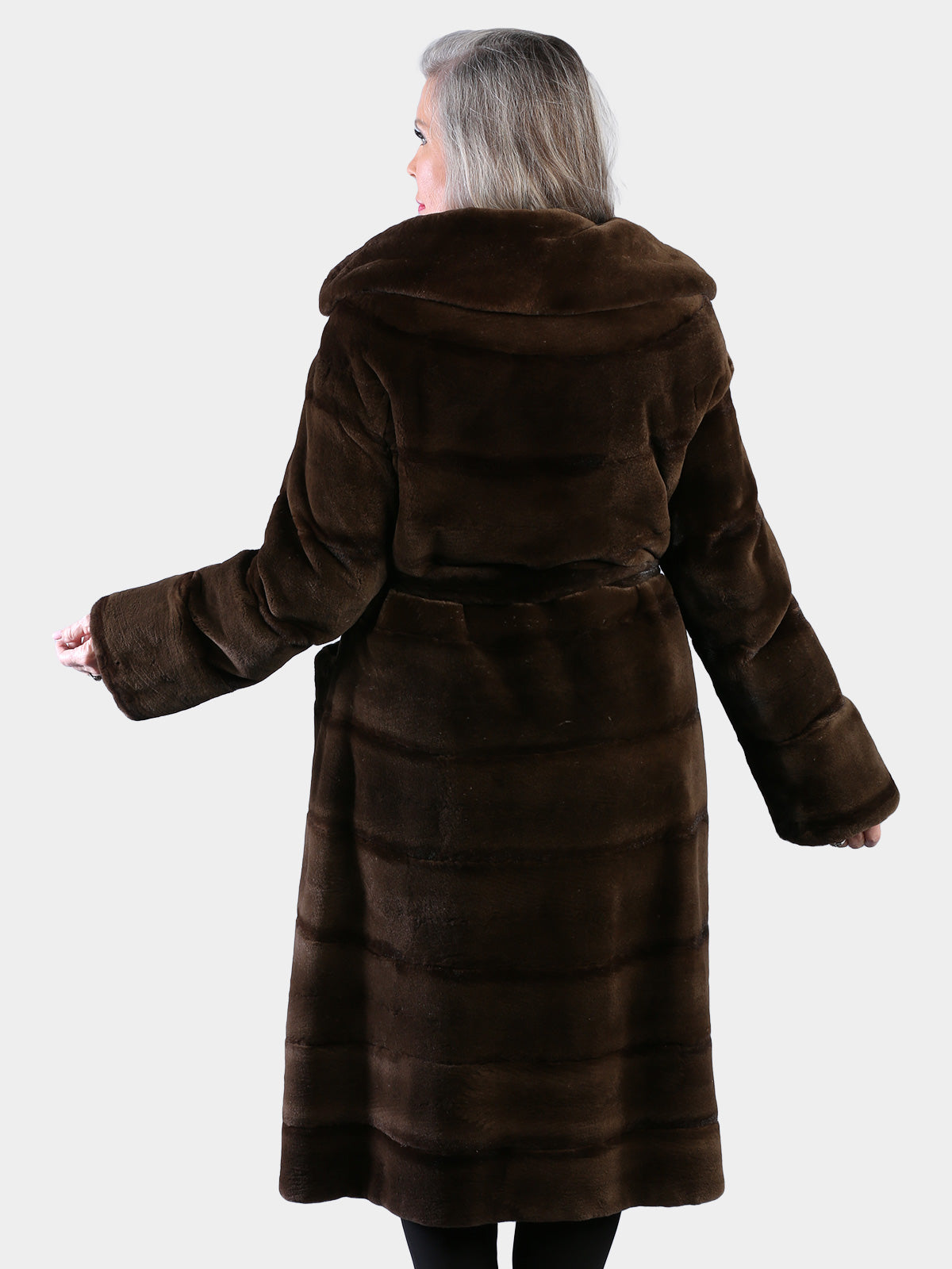 Woman's Dyed Brown Sheared Mink Fur Coat with Belt