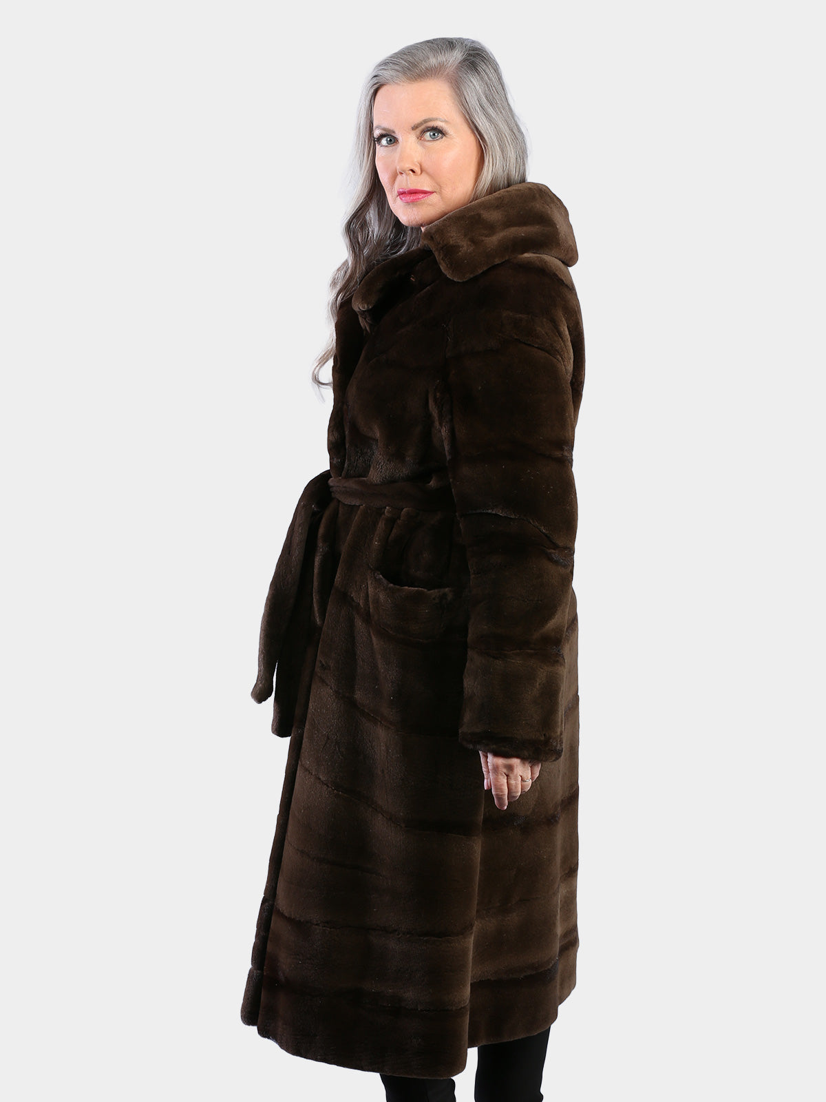Woman's Dyed Brown Sheared Mink Fur Coat with Belt