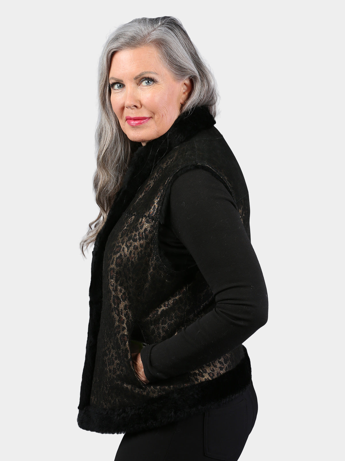 Woman's Dyed Black and Gold Animal Print Shearling Lamb Fur Vest