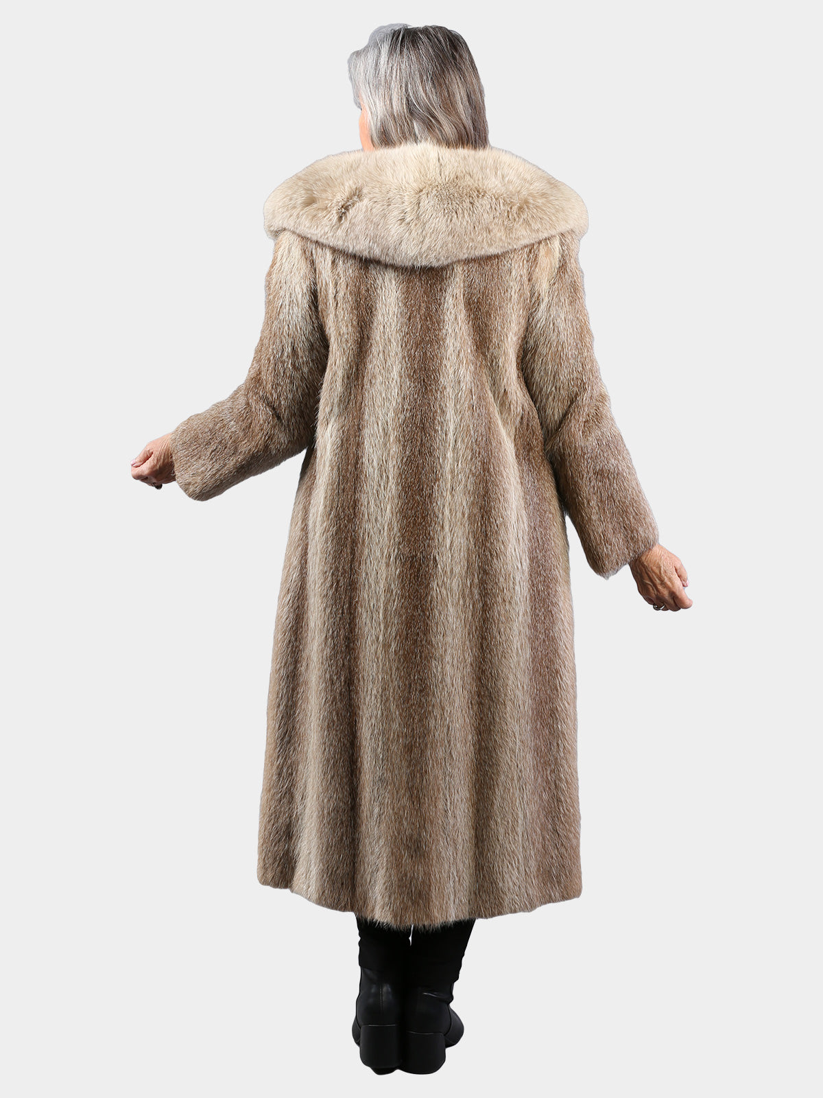 Women's Vintage Natural Nutria Fur Coat with Fox Collar