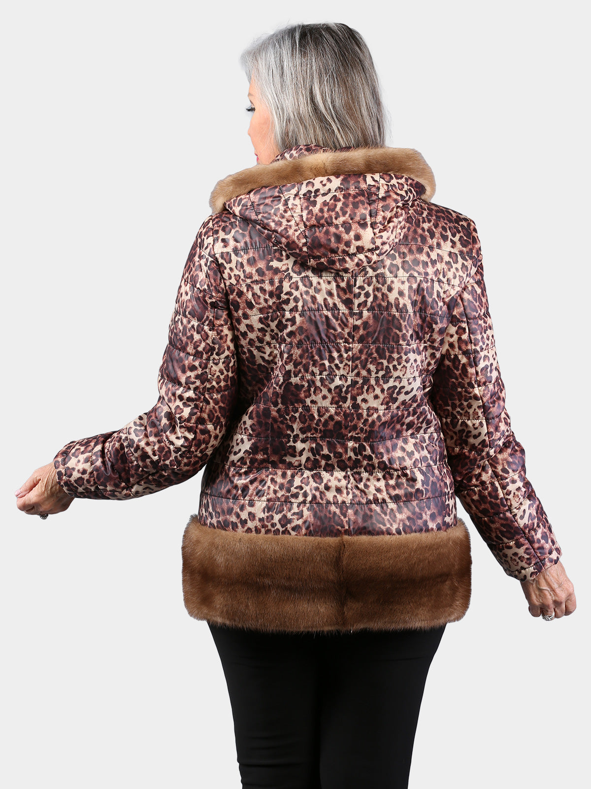 Woman's Leopard Print Fabric Jacket with Black Shearling Lamb Interior and Lunaraine Mink Fur Trim
