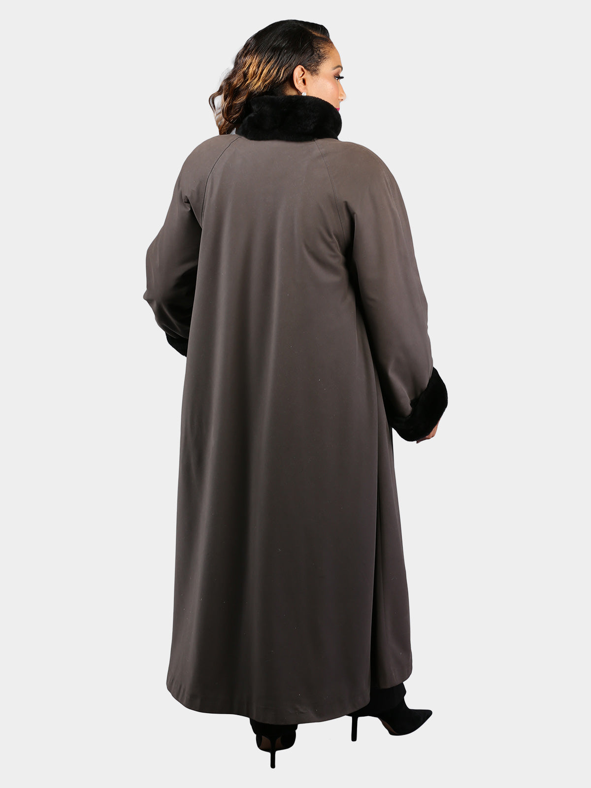 Woman's Grey Rain Fabric Coat with Sheared Black Nutria Fur Lining