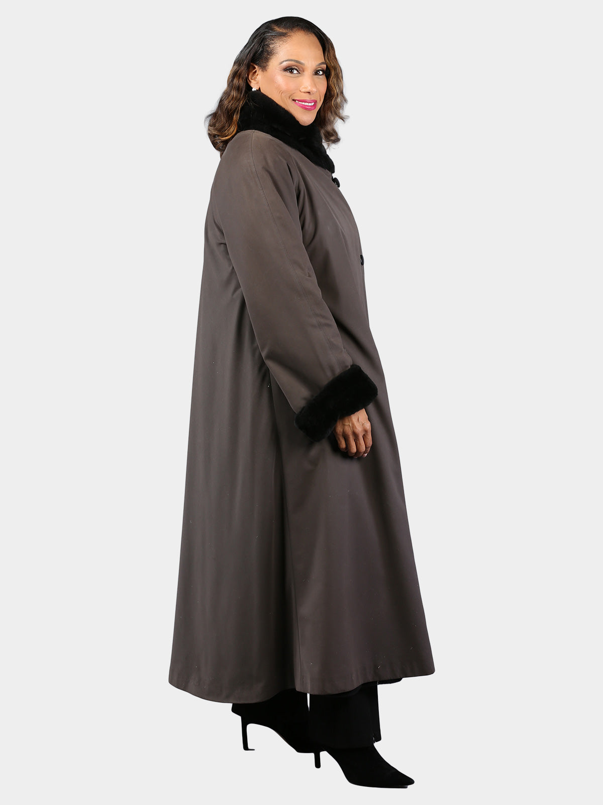 Woman's Grey Rain Fabric Coat with Sheared Black Nutria Fur Lining