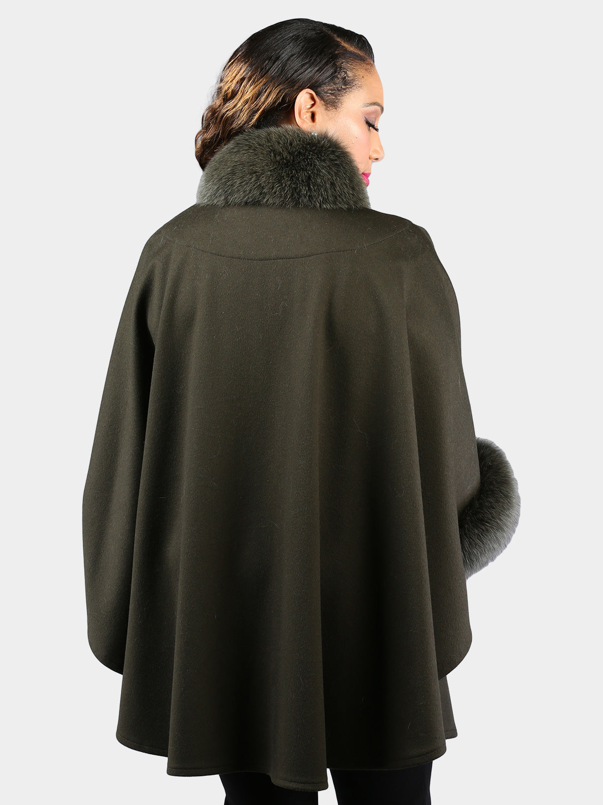 Woman's Dyed Deep Green Loro Piana Wool Cape with Fox Trim