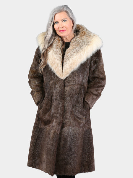 Woman's Vintage Natural Nutria Fur Coat with Canadian Lynx Collar