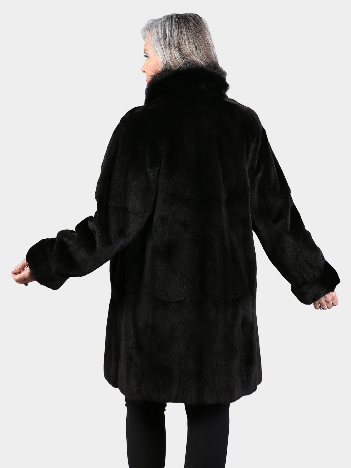 Woman's Dyed Black Sheared Mink Fur Stroller with Fox Tuxedo Front (Reversible)