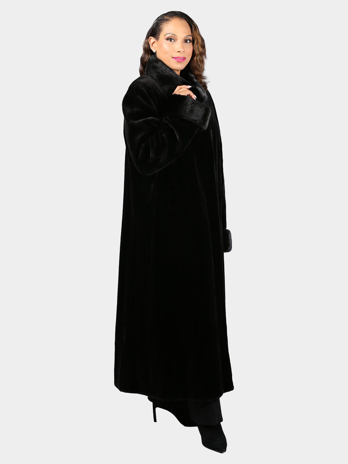 Woman's Plus Size Extra Long Dyed Black Sheared Mink Fur Coat
