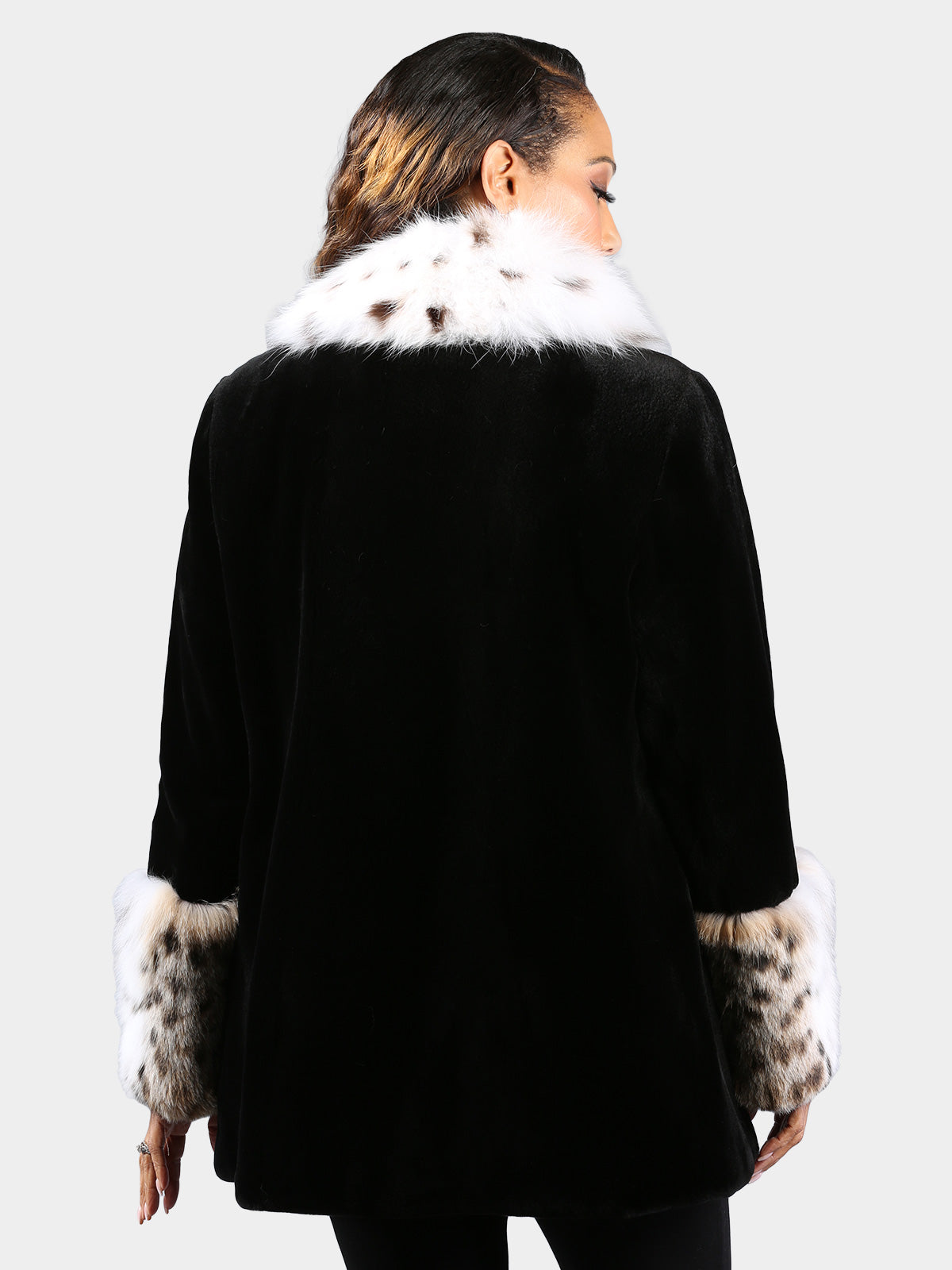 Woman's New Dyed Black Sheared Mink Fur Stroller with Chinchilla Collar and Cuffs