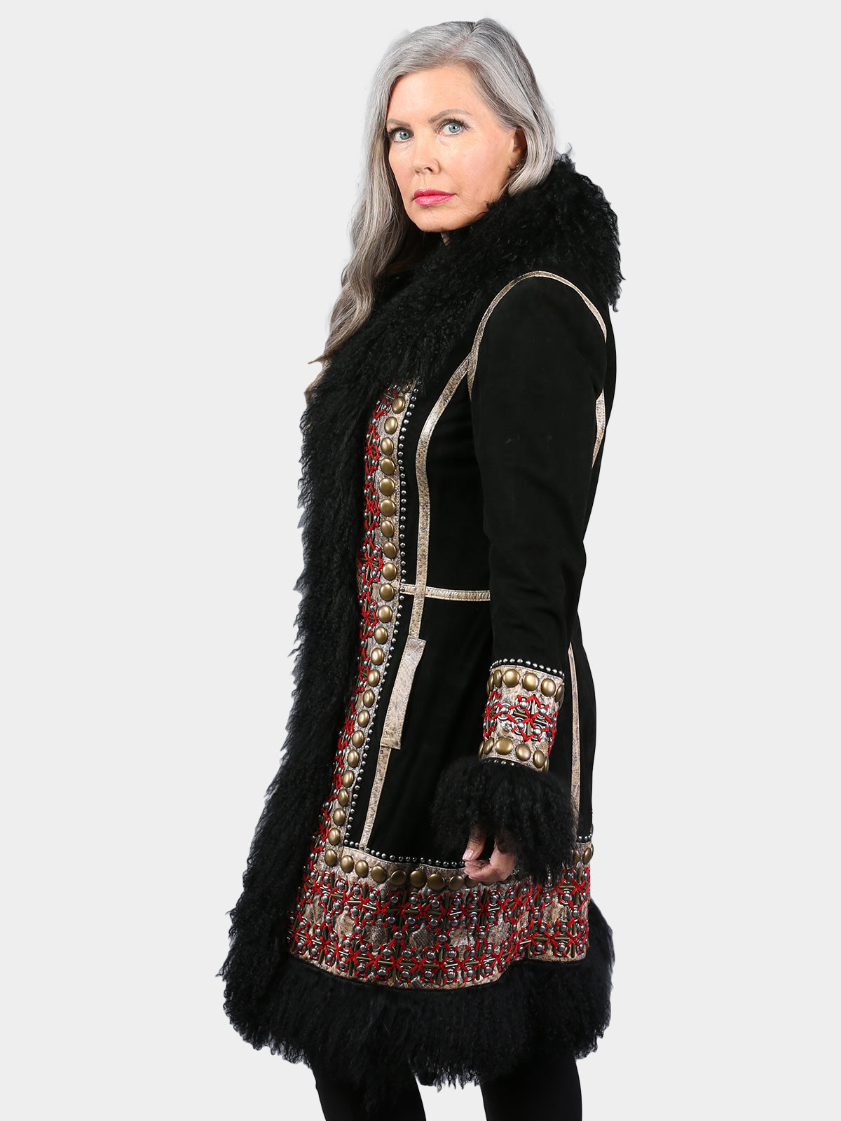 Woman's Dyed Black Leather Coat with Tibetan Lamb Fur Trim