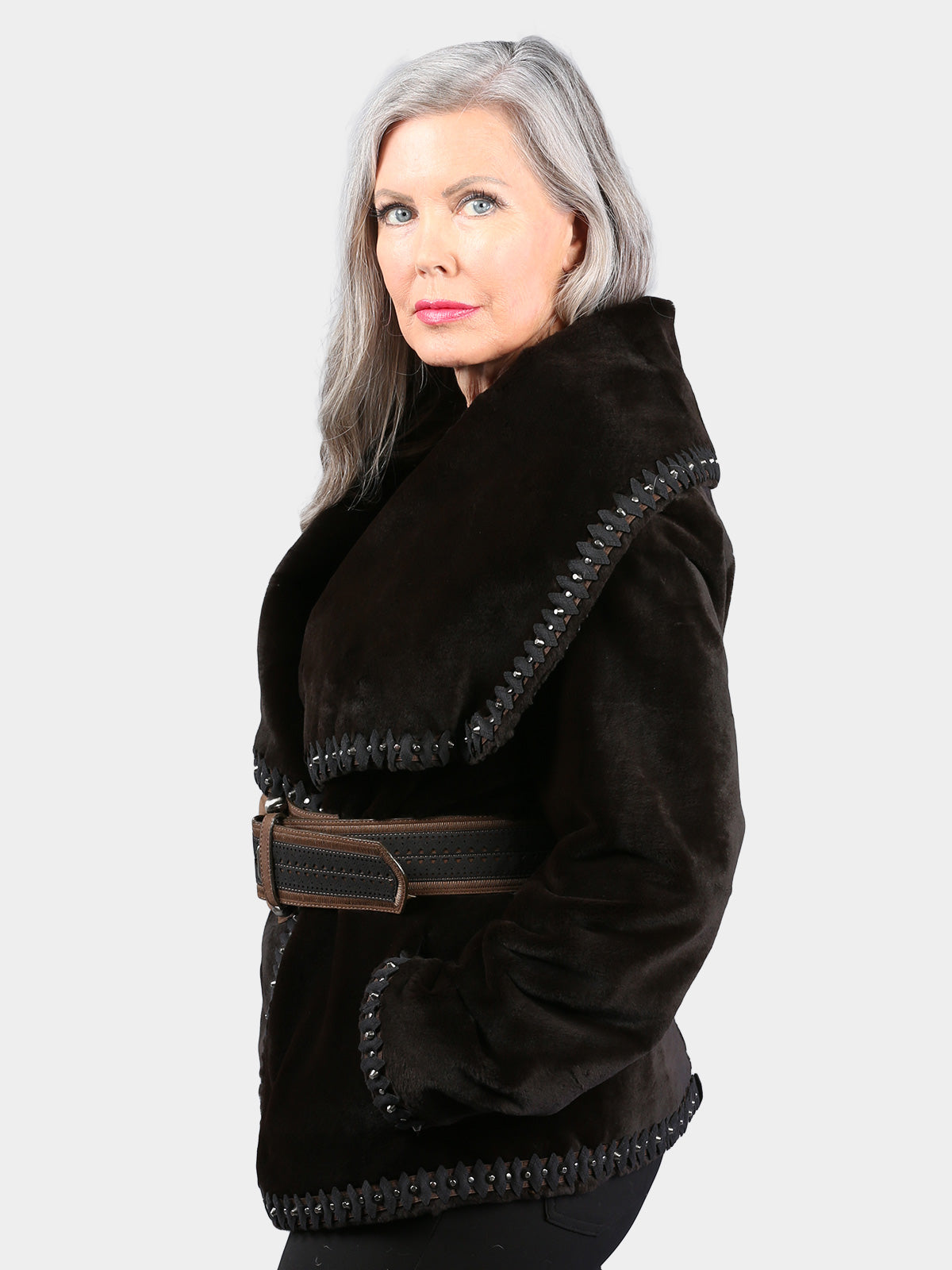 Woman's Dyed Deep Brown Sheared Mink Fur Jacket with Leather Belt