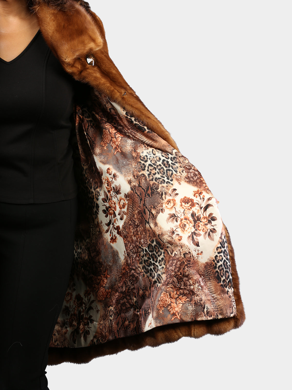 Woman's Dyed Whiskey Female Mink Fur 3/4 Coat with Directional Design at Hem