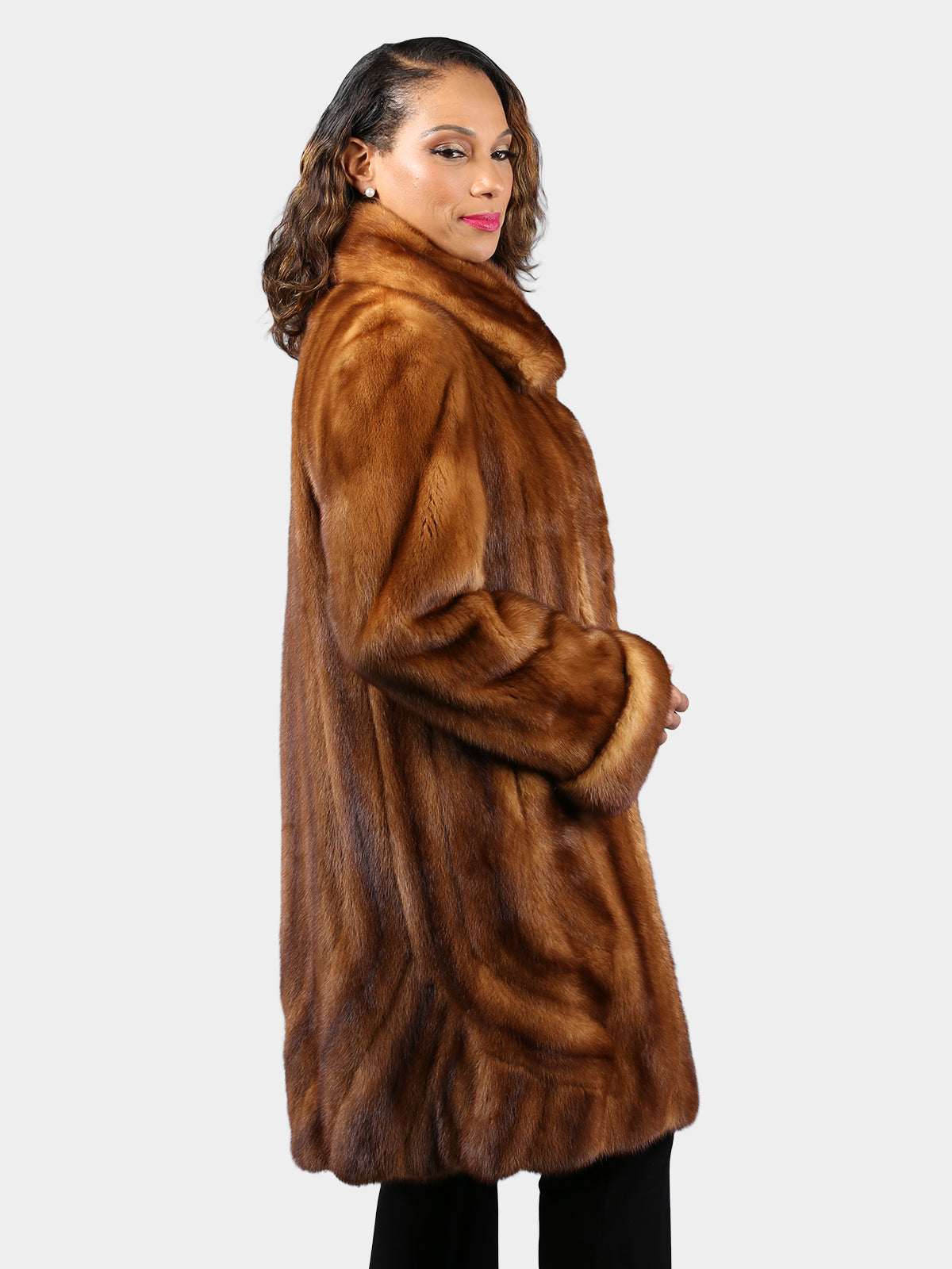 Woman's Dyed Whiskey Female Mink Fur 3/4 Coat with Directional Design at Hem
