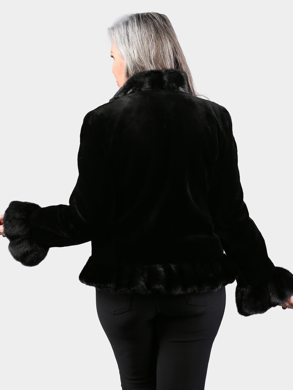 Woman's Dyed Black Sheared Mink Fur Jacket with Ruffles