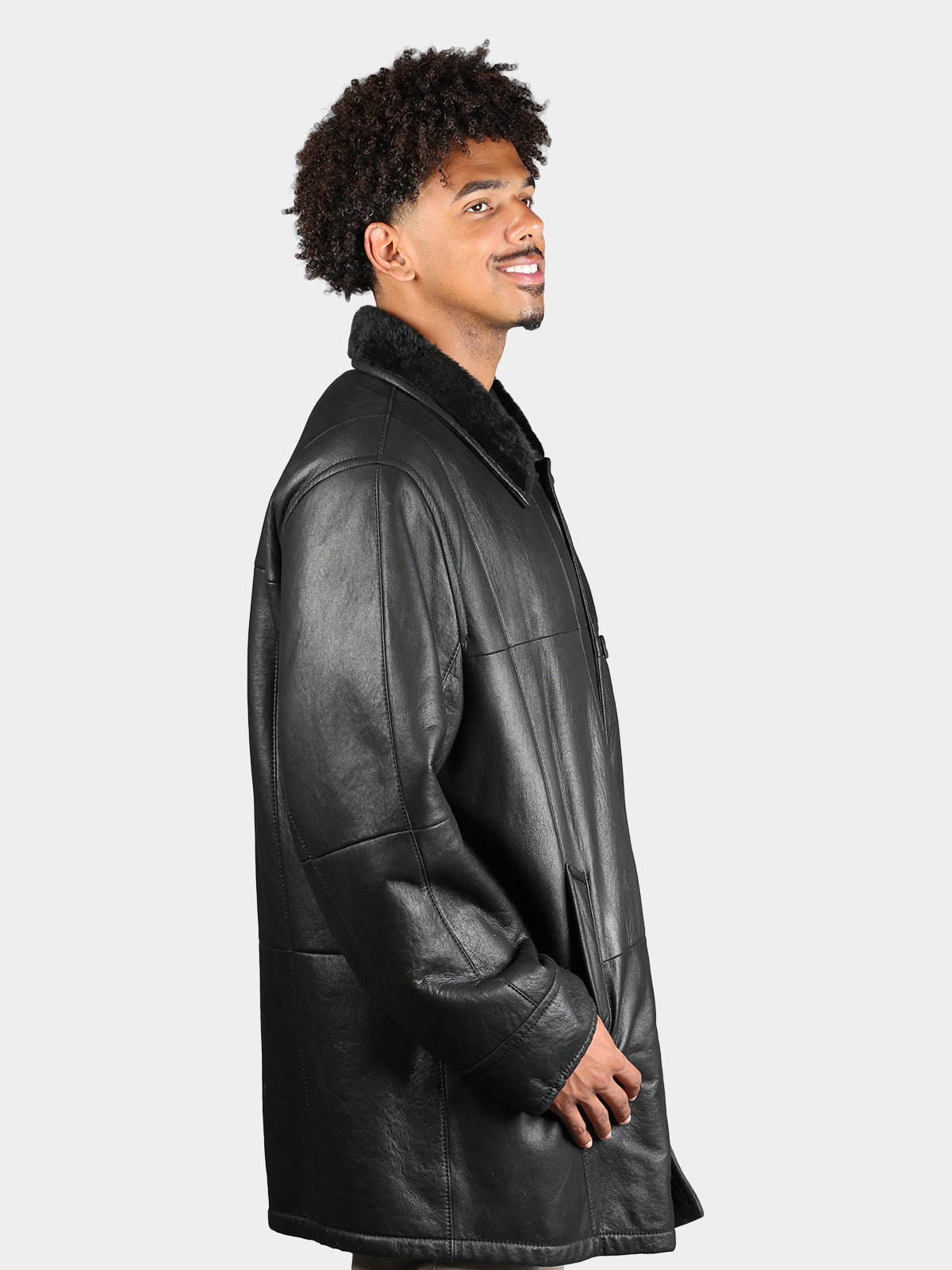Man's Plus Size Dyed Black Christ Shearling Lamb Fur 3/4 Coat