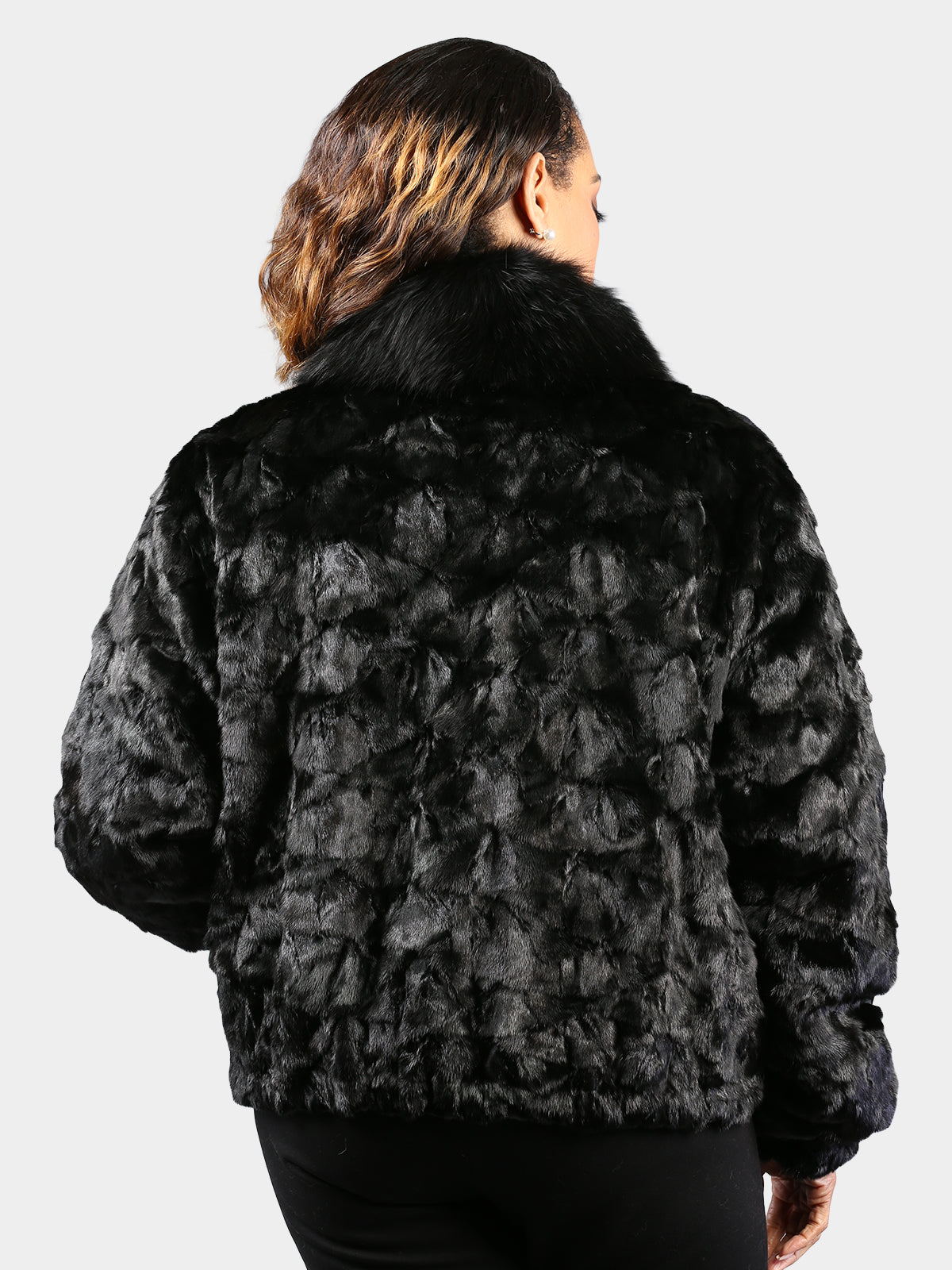 Woman's Dyed Black Sculptured Mink Fur Jacket with Fox Collar