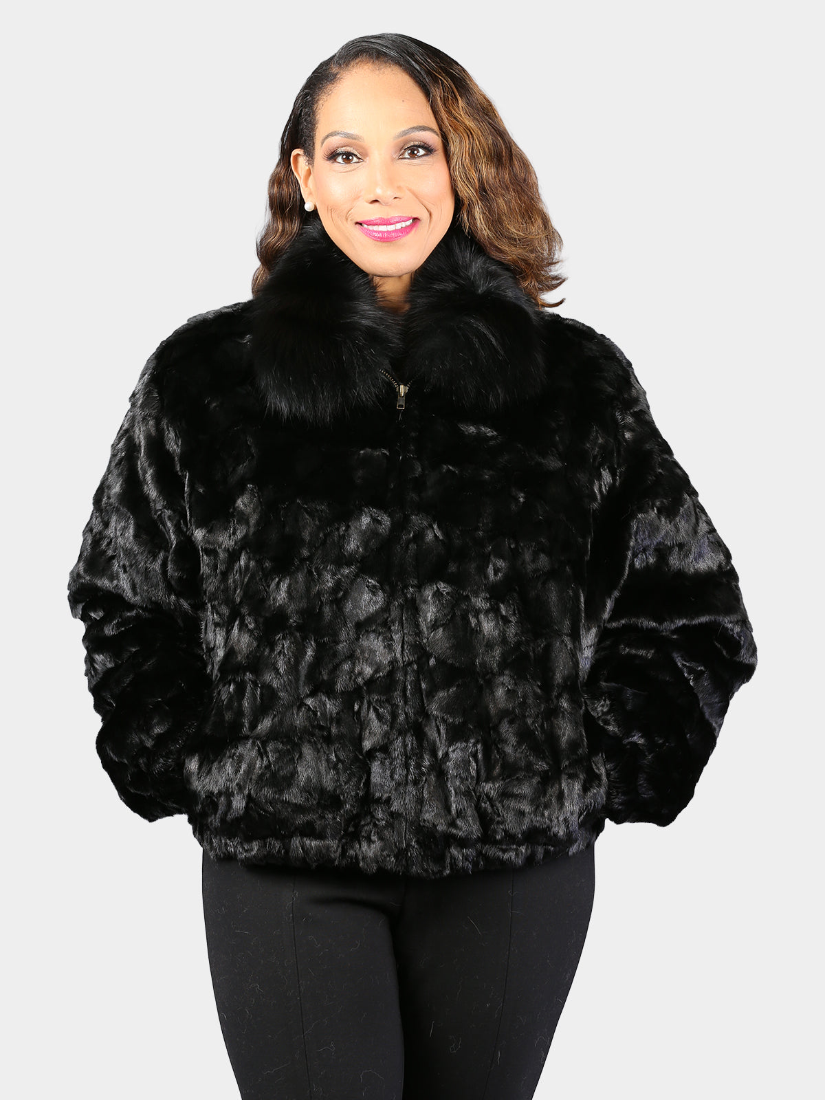 Woman's Dyed Black Sculptured Mink Fur Jacket with Fox Collar