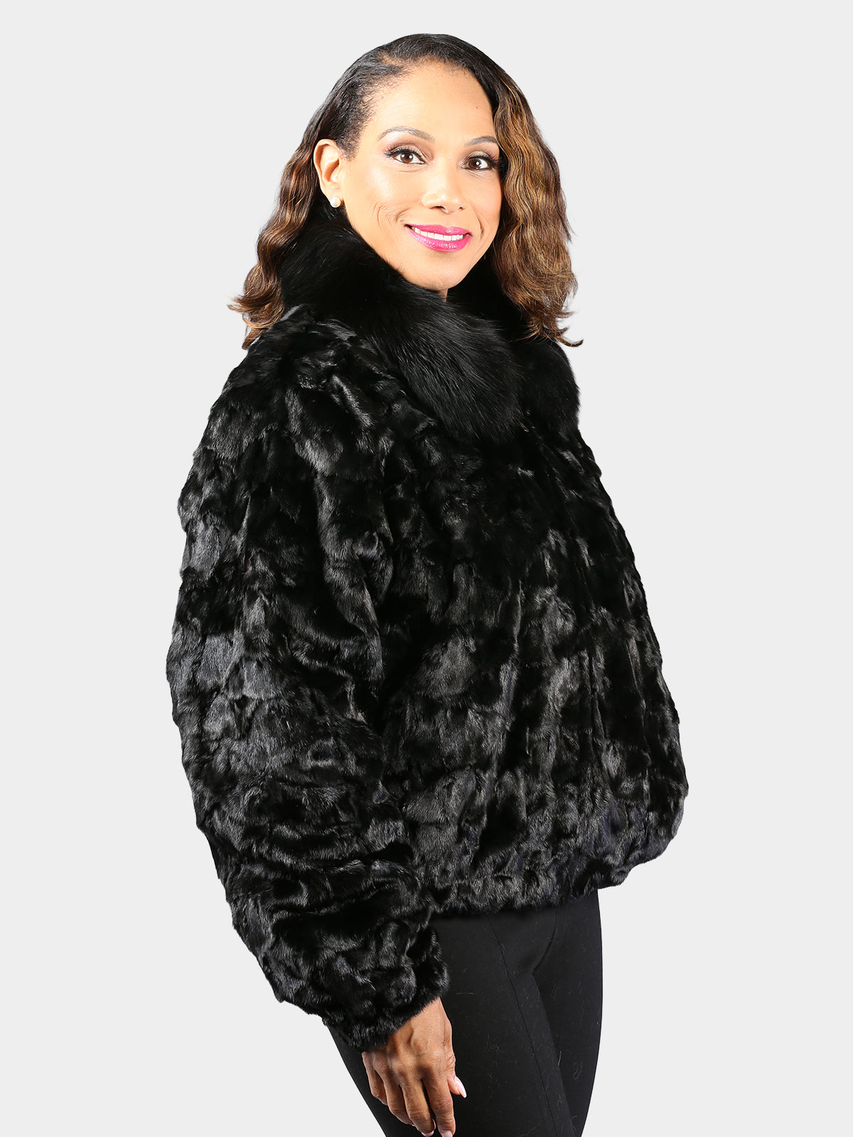 Woman's Dyed Black Sculptured Mink Fur Jacket with Fox Collar
