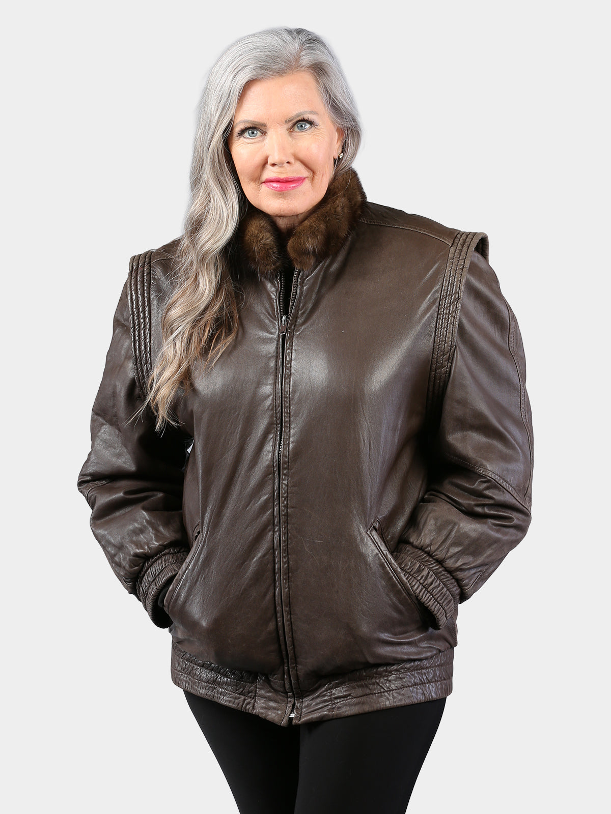 Woman's Dark Pastel Cord Cut Mink Fur Jacket Reversing to Brown Leather