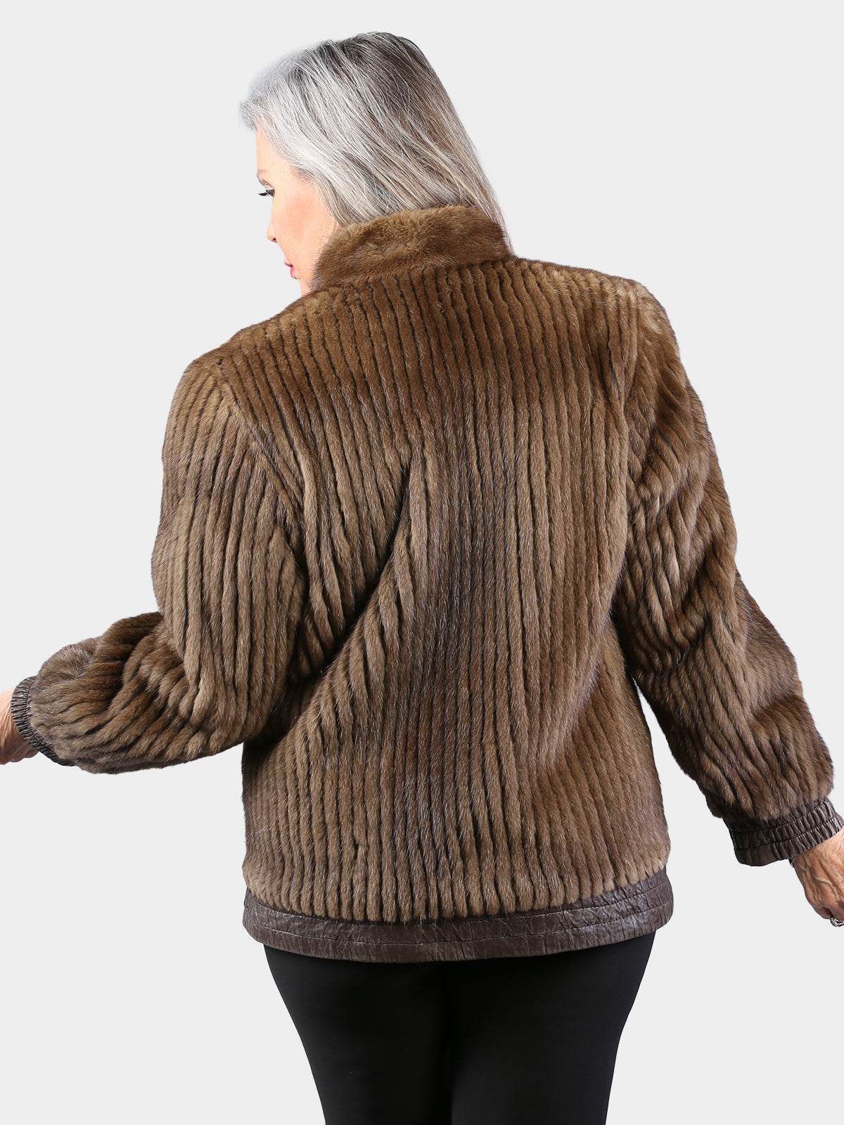 Woman's Dark Pastel Cord Cut Mink Fur Jacket Reversing to Brown Leather