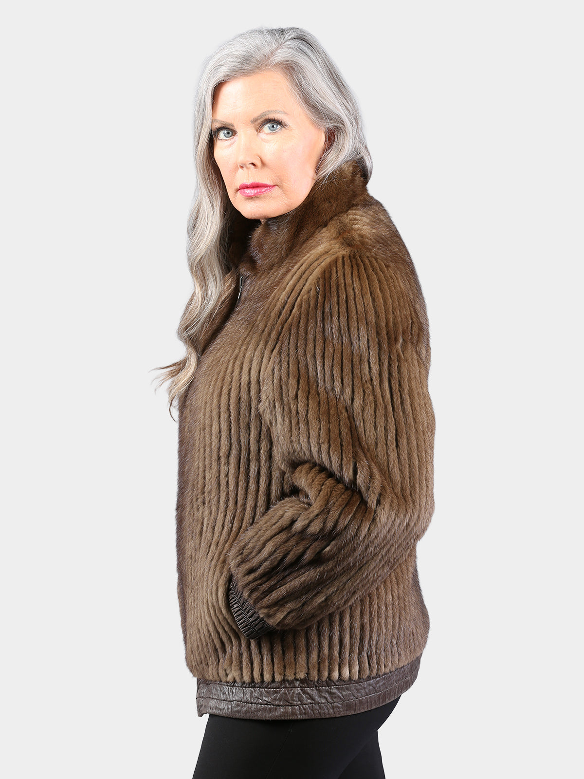 Woman's Dark Pastel Cord Cut Mink Fur Jacket Reversing to Brown Leather