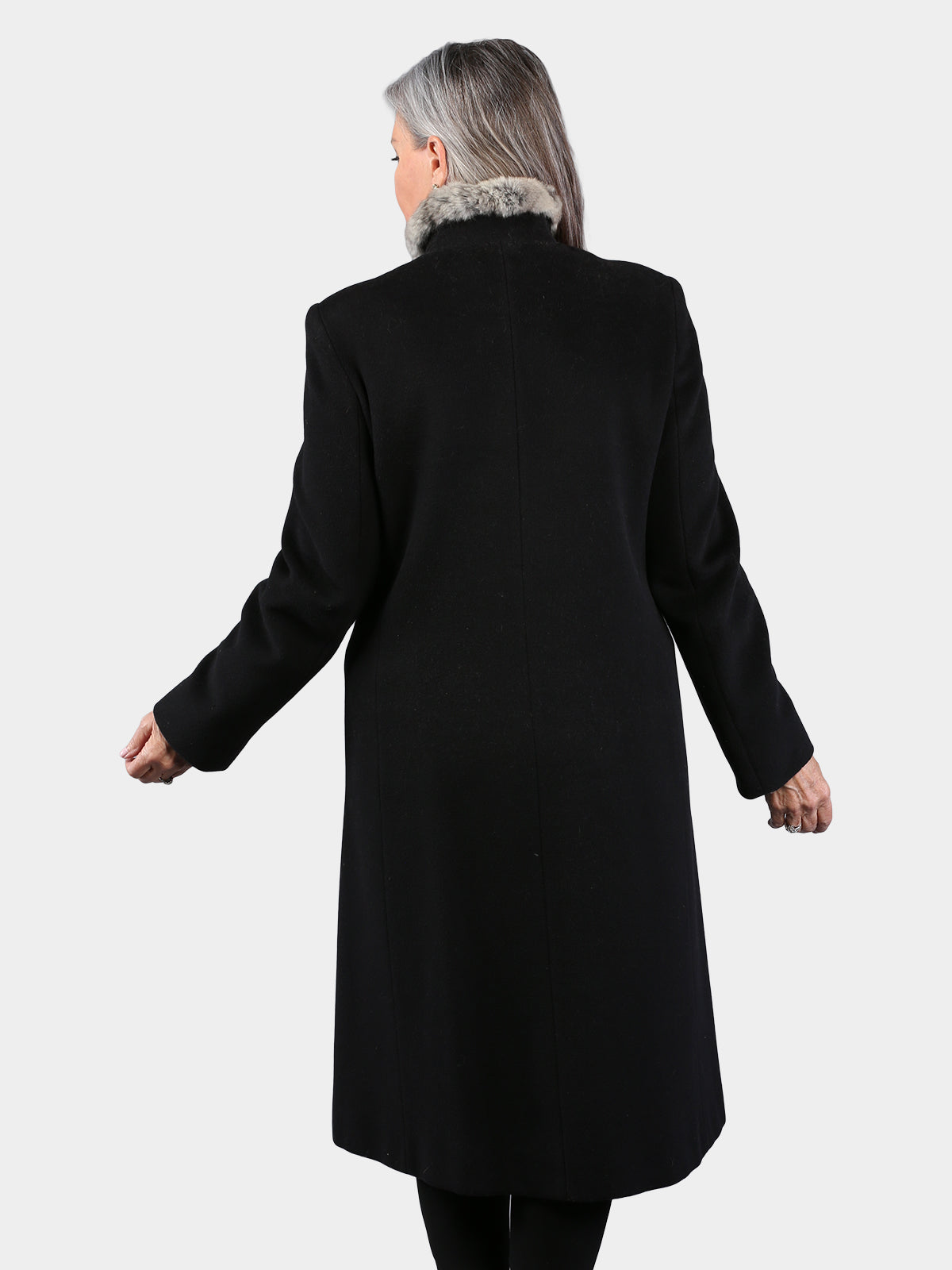 Woman's Black Virgin Wool Coat with Natural Chinchilla Fur Trim