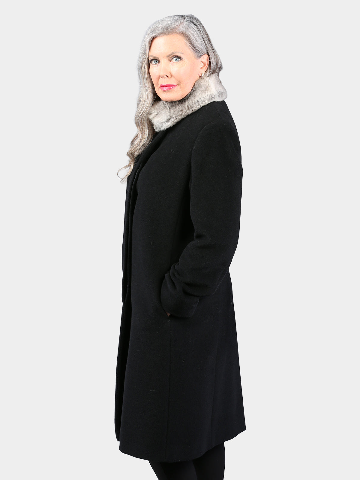 Woman's Black Alpaca Wool Coat with Chinchilla Fur Collar