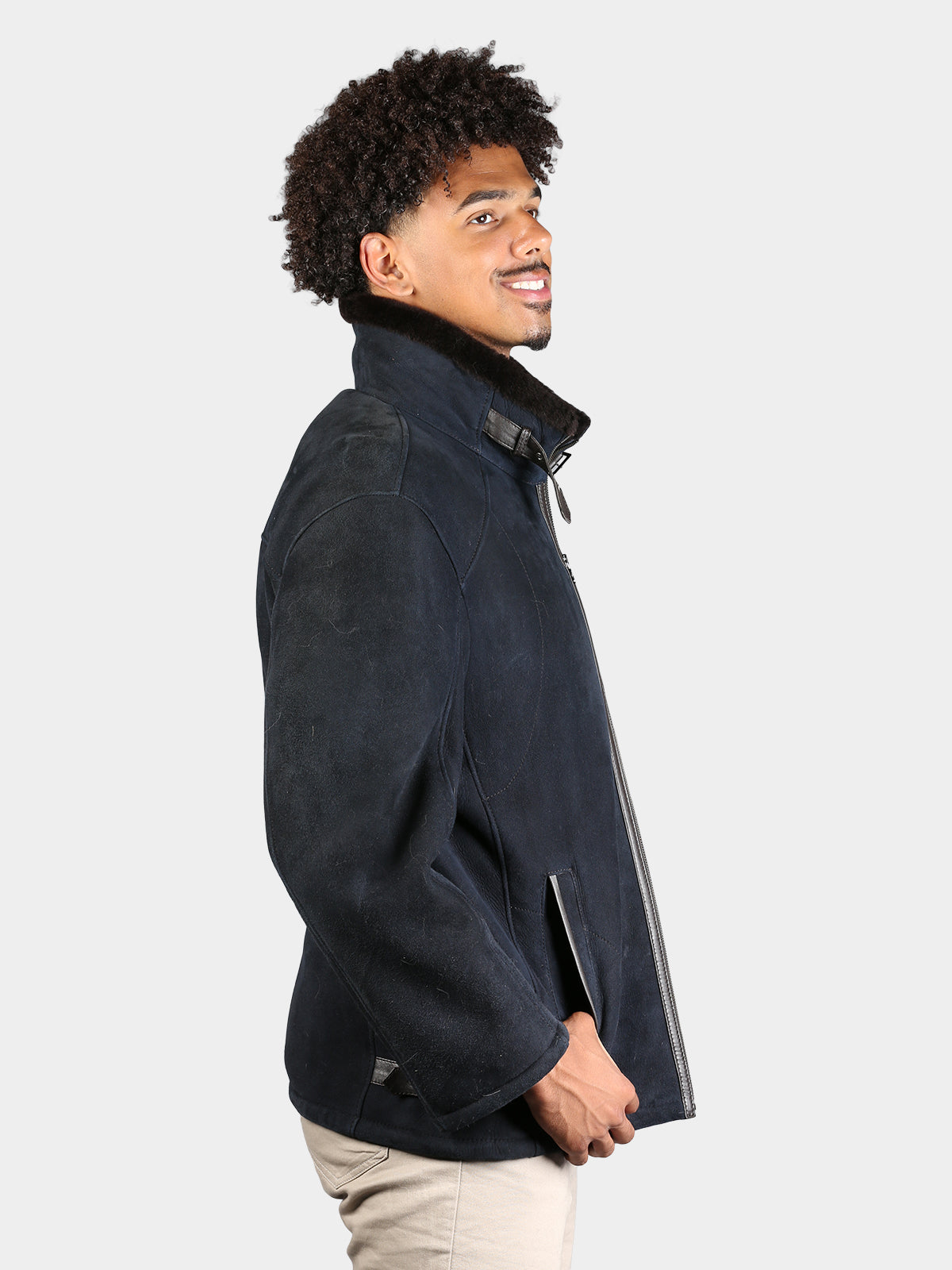 Man's Navy Suede Shearing Lamb Fur Jacket