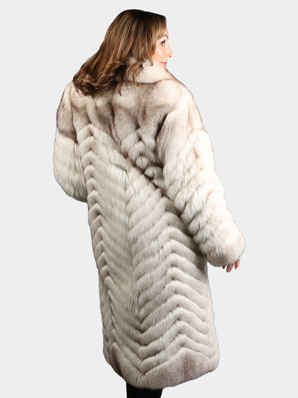 Woman's Natural Feathered Blue Fox Fur Coat with Chevron Design