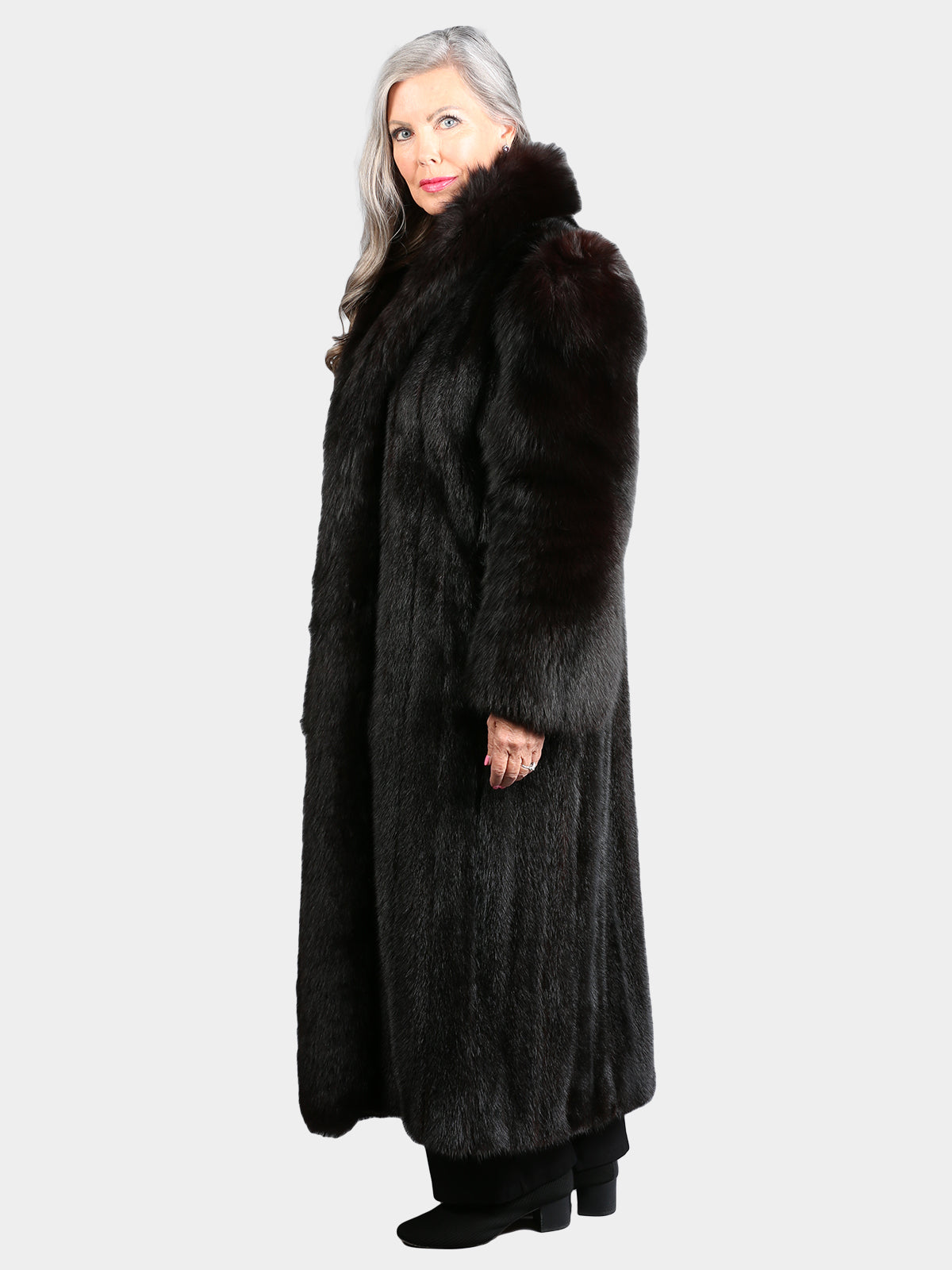 Woman's Natural Ranch Mink Fur Coat with Fox Tuxedo Front and Sleeves