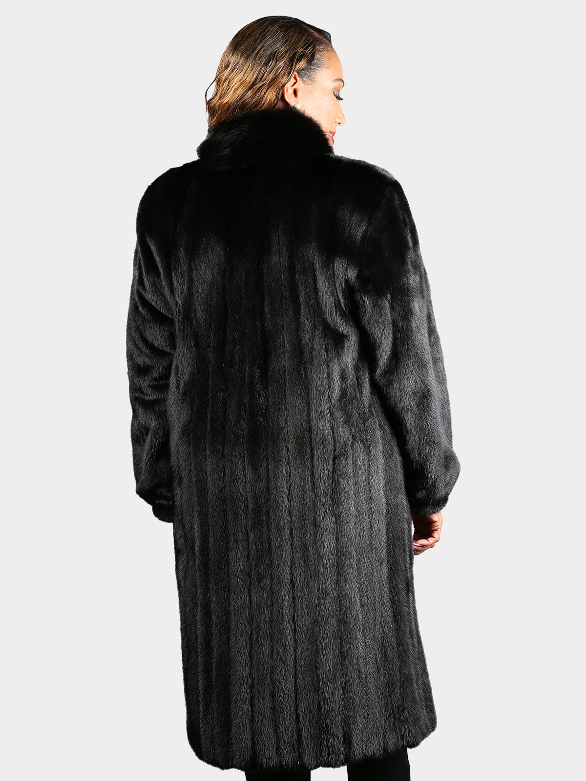Woman's Dyed Black Mink Fur Coat with Fox Tuxedo Front