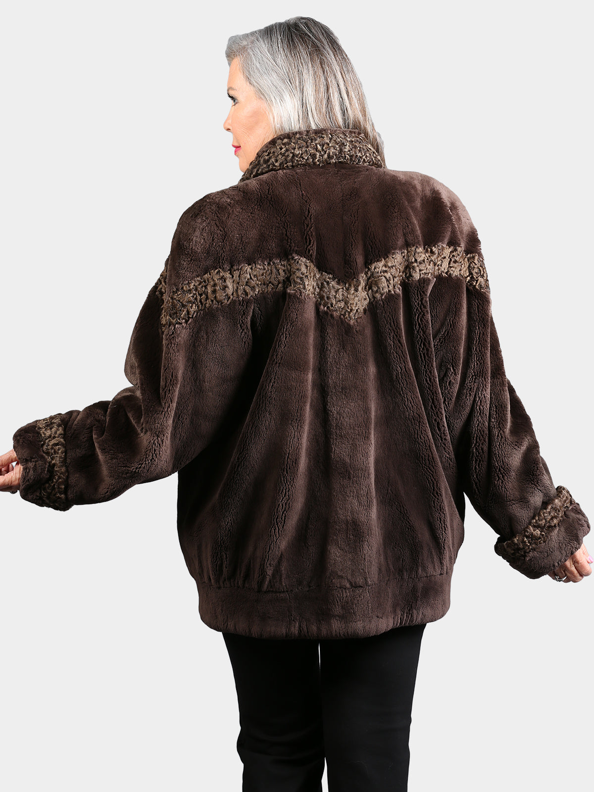 Woman's Dyed Brown Sheared Beaver Fur Jacket with Persian Lamb Trim